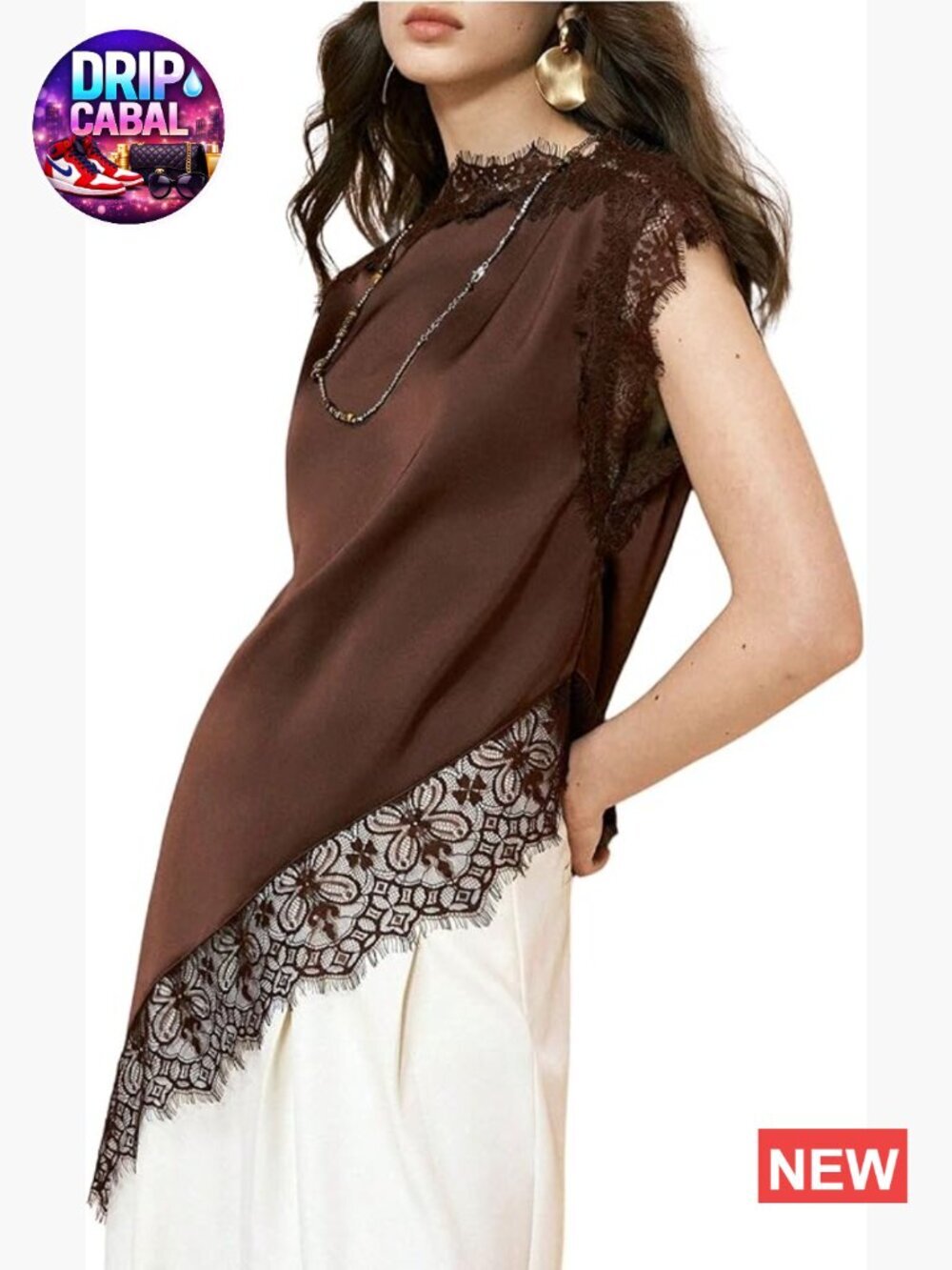 Satin Asymmetrical Lace Tank Top - Sleeveless Boat Neck Blouse